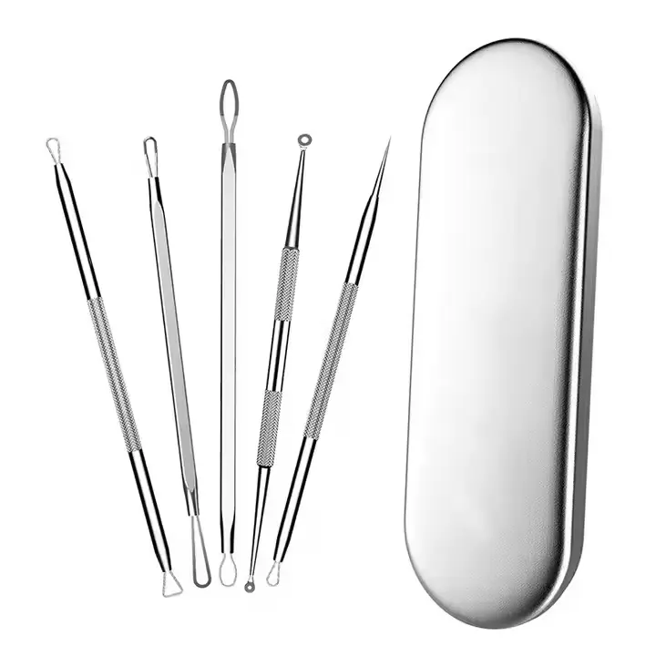 5-Piece Stainless Steel Blackhead Remover Tool Kit - Professional Acne Removal Tool with Storage Case, Comedone Extractor, Pimple Popper for Extracting Blemishes, Whiteheads, Extract Blemishes