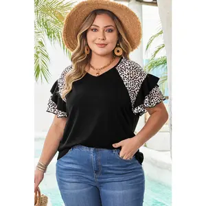 Black Leopard Ruffle Patchwork Sleeve Plus Size Summer Top