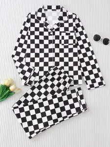Women's Plaid Sleepwear Set, Pajama Set, Collared Button Long Sleeve & Loose Comfortable Pants, Casual All Seasons Loungewear