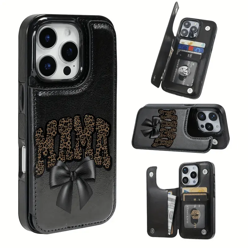 Leopard Print MAMA Letter and Black Bow Pattern Leather Card Holder Phone Case, Suitable for iPhone 17 Air/16 Plus/15 Pro Max/14 Pro/13/12/11/XS Max/X Phone Case, Perfect Gift for Thanksgiving and Christmas for Family, Friends, Lovers,Boyfriend,Girlfriend