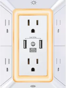 Multi Plug Outlet Surge Protector, POWRUI 6 Outlet Extender with 3 USB Ports (1 USB C) and Night Light, 3-Sided Power Strip with Adapter Space Outlets