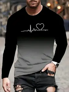 Men's Heart Pattern Gradient Print Round Neck Long Sleeve T-Shirt, Athletic Fit Casual Fashion Streetwear Breathable Sports Top Athletic Fashion Activewear for Spring & Fall