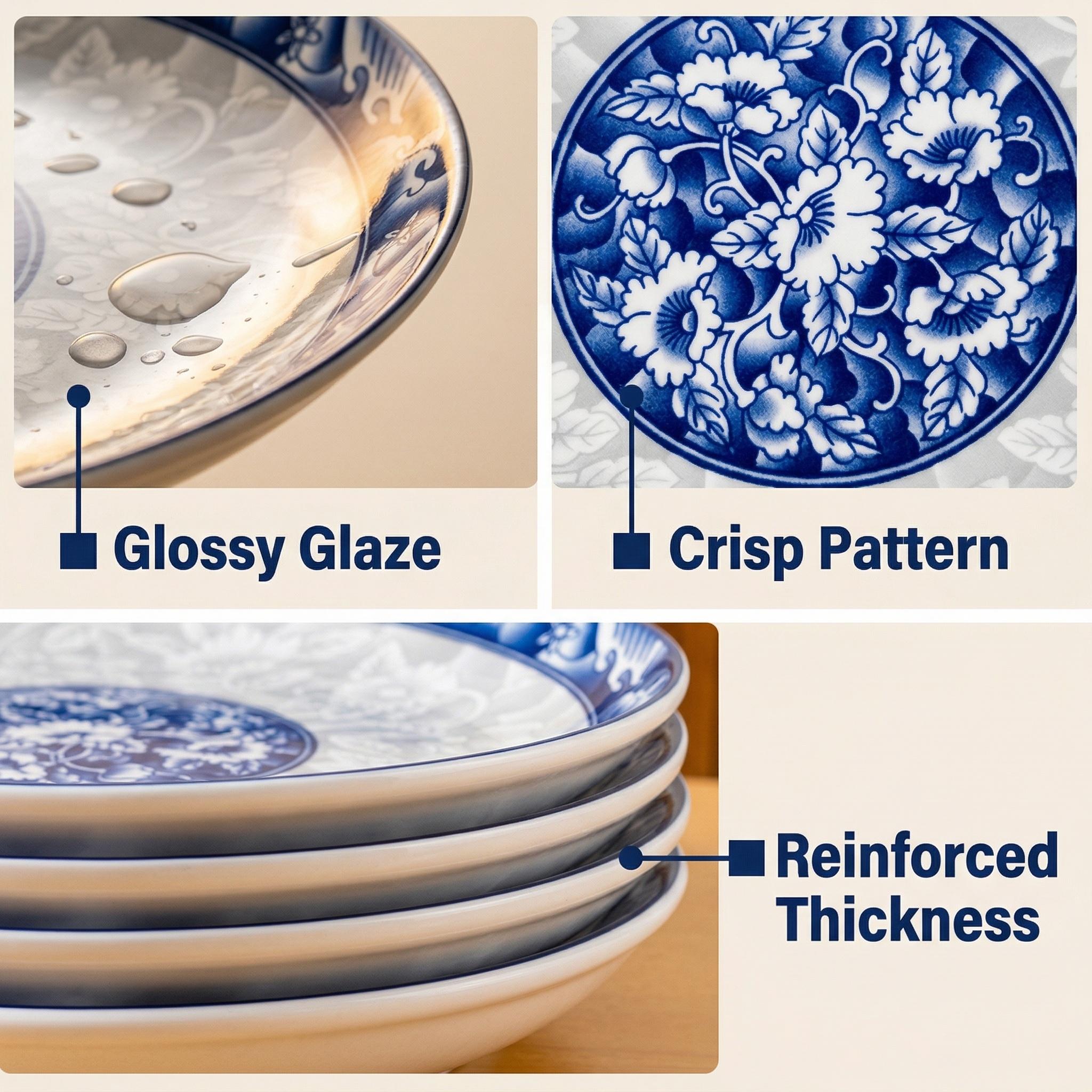 Viral Blue and White Ceramic Plate Set! BOYOU 8" Chinese Style Plates, Microwave & Dishwasher Safe. Underglaze Craft, Non-toxic & Durable. Thickened Deep Plates for Pasta, Salad & Fruit. Space-Saving Set of 4, Elevate Your Kitchen Style!