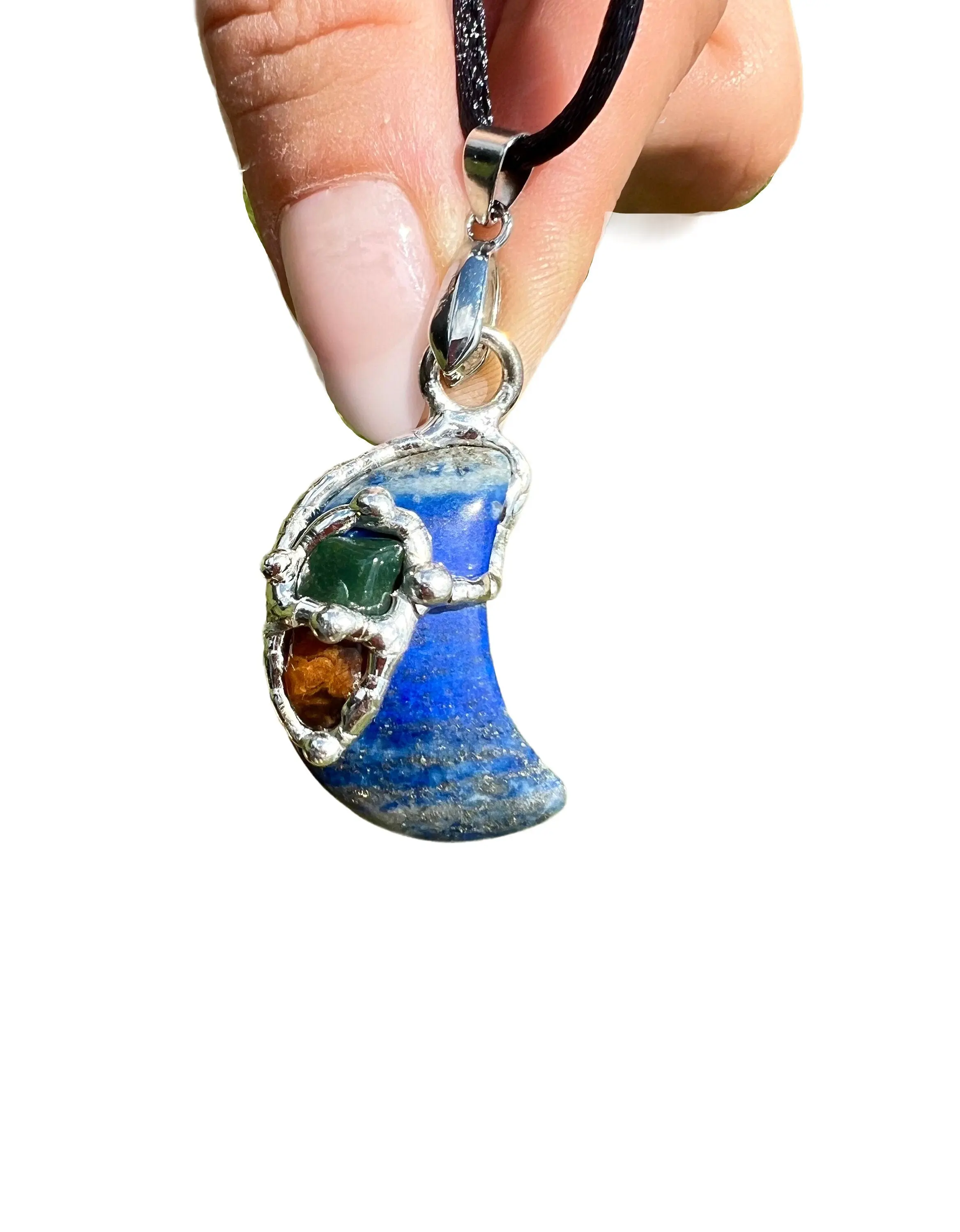 Intuition Moon Amulet Pendant with Black Satin Cord, Lapis Lazuli, Amber, Bloodstone