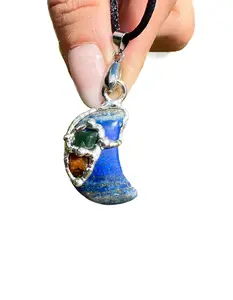 Intuition Moon Amulet Pendant with Black Satin Cord, Lapis Lazuli, Amber, Bloodstone