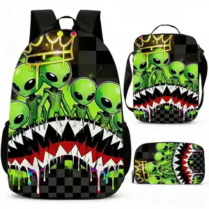 Unisex 3pcs Backpack Set with Alien Graffiti Print, Adjustable Shoulder Straps, and Zipper Closure. The Set Includes a Backpack, a Crossbody Bag, and a Pencil Case. Suitable for School, Travel, and Camping, for Teenager