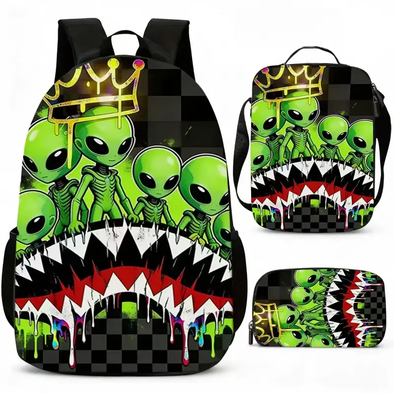 Unisex 3pcs Multi-Function Sturdy Graffiti Alien Print Backpack Set - Crossbody Bags Included, Adjustable Straps, Zipper Closure, Lightweight, Mesh Bottle Pocket, Breathable Back, 32cm Wide, 43cm High for Teens Back to School, Street Chic, 13 Cm Deep