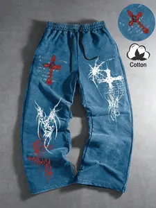 Unisex design, Gothic style, featuring Gothic symbols and cross-stitch prints, trendy and lightweight, includes cotton, straight-leg pants, long trousers, casual wear, suitable for street fashion, trendy Gothic culture, Gothic style outfits, Y2K outfits,