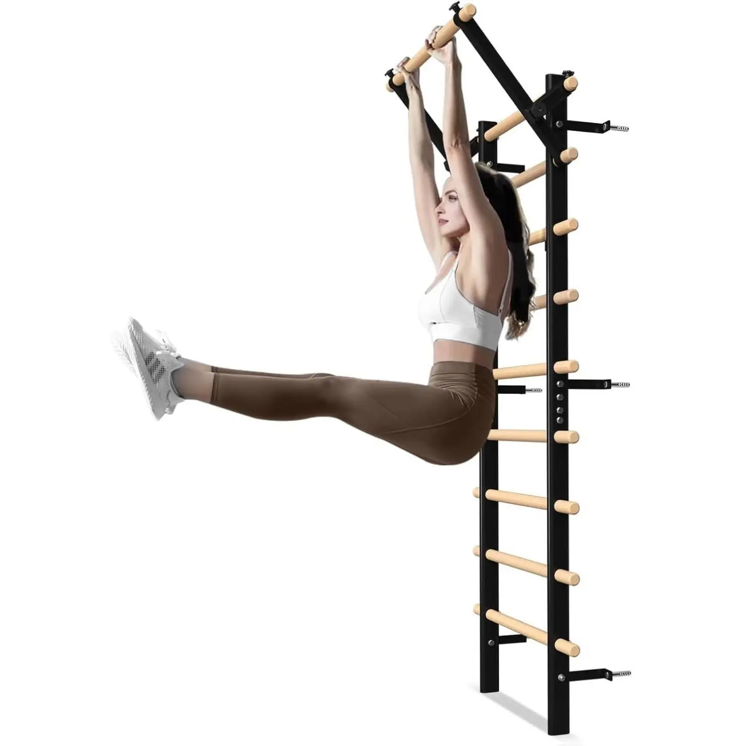 Swedish Ladder Wood Stall Bar, Suspension Trainer with Pull-Up Bar and Dip Bar Attachments, Wooden Stall Bar with 9 Strategic Rods for Core Strengthening and Stretching Balanced for Body Exercises