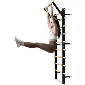 Swedish Ladder Wood Stall Bar, Suspension Trainer with Pull-Up Bar and Dip Bar Attachments, Wooden Stall Bar with 9 Strategic Rods for Core Strengthening and Stretching Balanced for Body Exercises