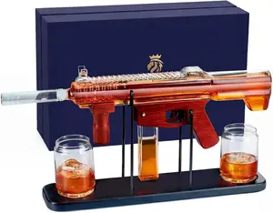 Kollea Gun Glass Whiskey Decanter Bottle, Detachable Liquor Decanter Set with Bullet Shot Shaped Cup, Cool Anniversary Birthday Gift for Him Husband, Military Present for Home Bar Drinking Utensils Wooden