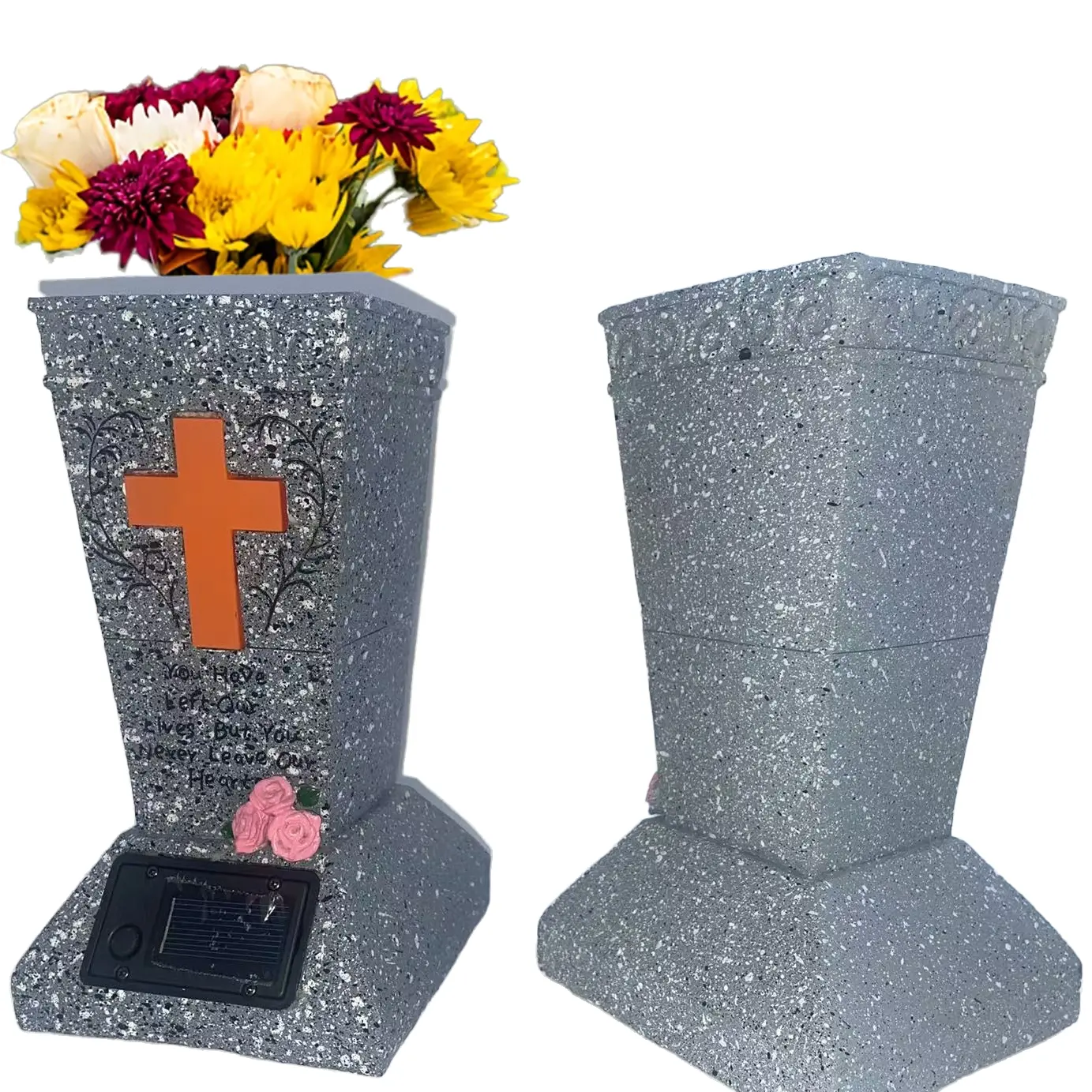 Solar Powered Cemetery Vase, Solar Grave Vase with LED Light, Night Glowing Cross Flower Pot, Durable Resin Metal Pin Design, Memorial Gift for Lost Loved Ones
