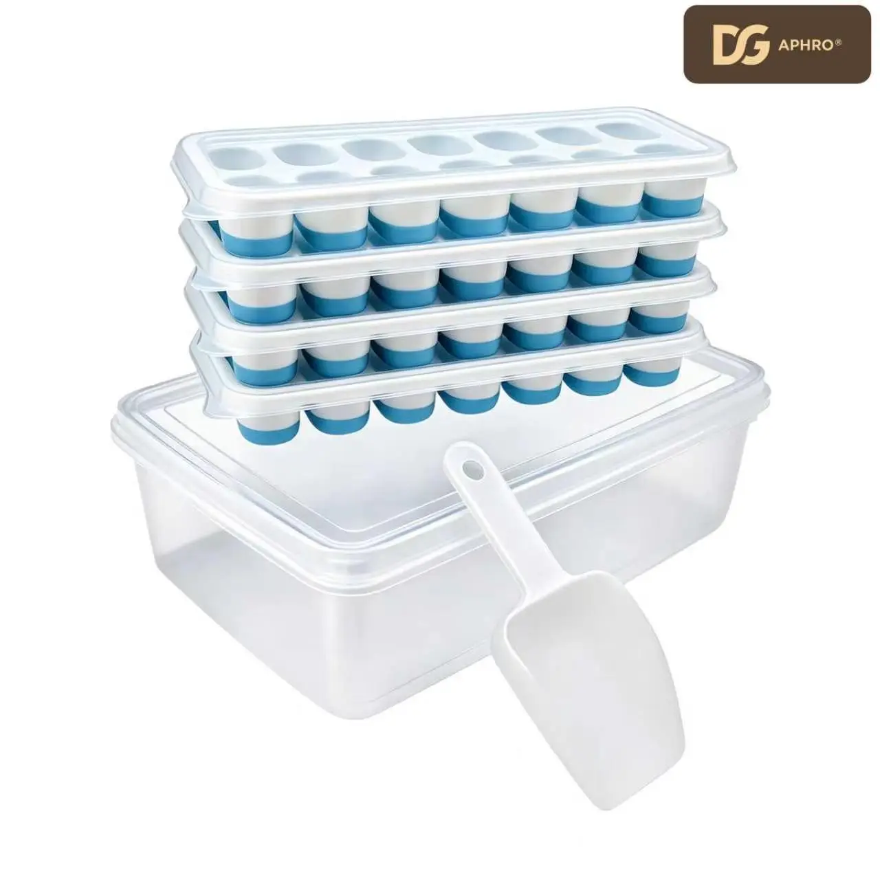 DGAPHRO Silicone Ice Cube Tray Set with Lid, Bin & Scoop - 4 Pack, 56 Cubes, Stackable Storage Container Kit for Camping, Kitchen, Cocktail (Blue),dealsforyoudays