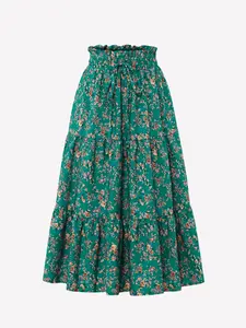 Women's Boho Chic Floral Midi Skirt, High Waist Elastic Waist Layered A-Line Flowy Beach Dress, Summer Women's Skirt, Casual Fashion