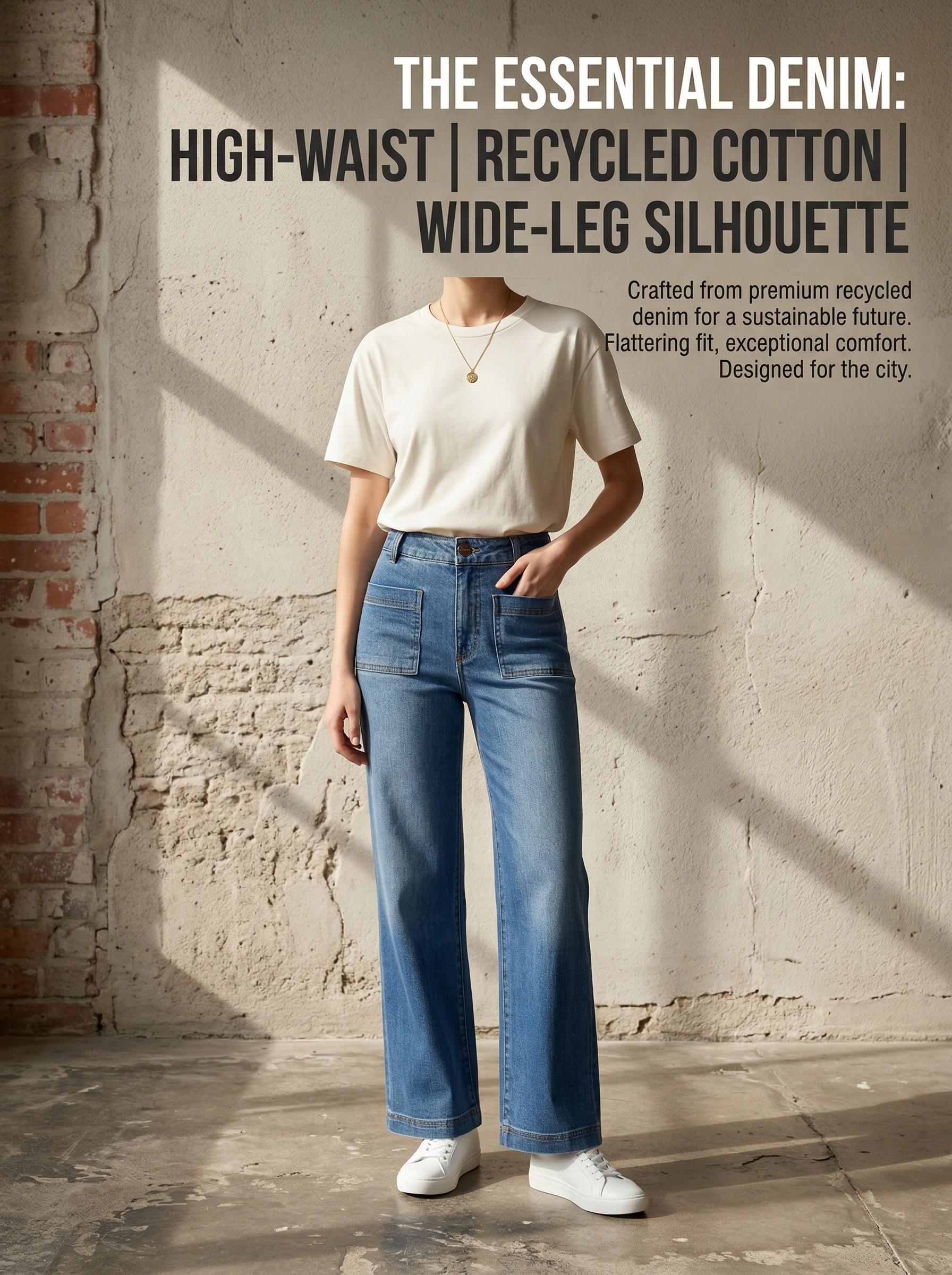 ALVON Women's Stretch Denim Pants Recycled High Waist Wide Leg Jeans Classic Streetwear Comfort Baggy Trouser Maxi Pocket Fitted