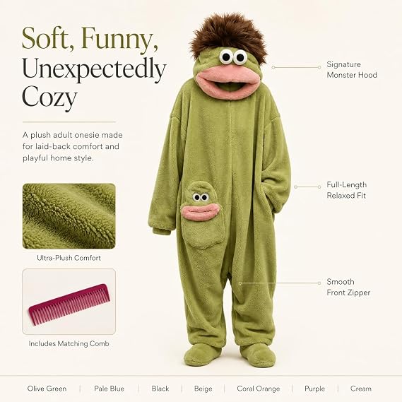 Funny Big Mouth Monster Onesie Pajamas with Large Comb – Oversized Plush Fleece Hooded One Piece for Sleep & Party