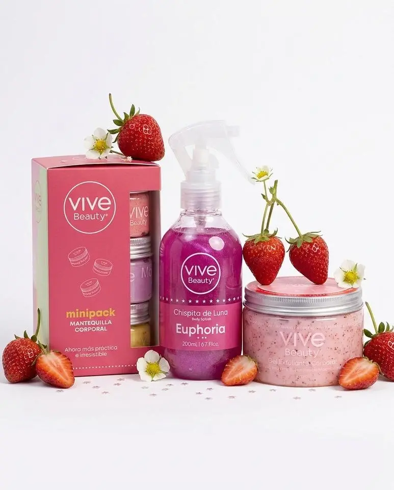Vive Beauty Sweet Glow Starter Kit – Strawberry Body Scrub, Euphoria Shimmer Splash & 3 Mini Body Butter Sampler Set