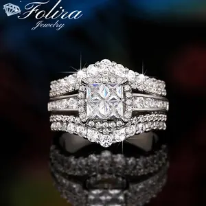 Cubic Zirconia Two-in-One Halo Wedding Engagement Promise Eternity Ring for Women