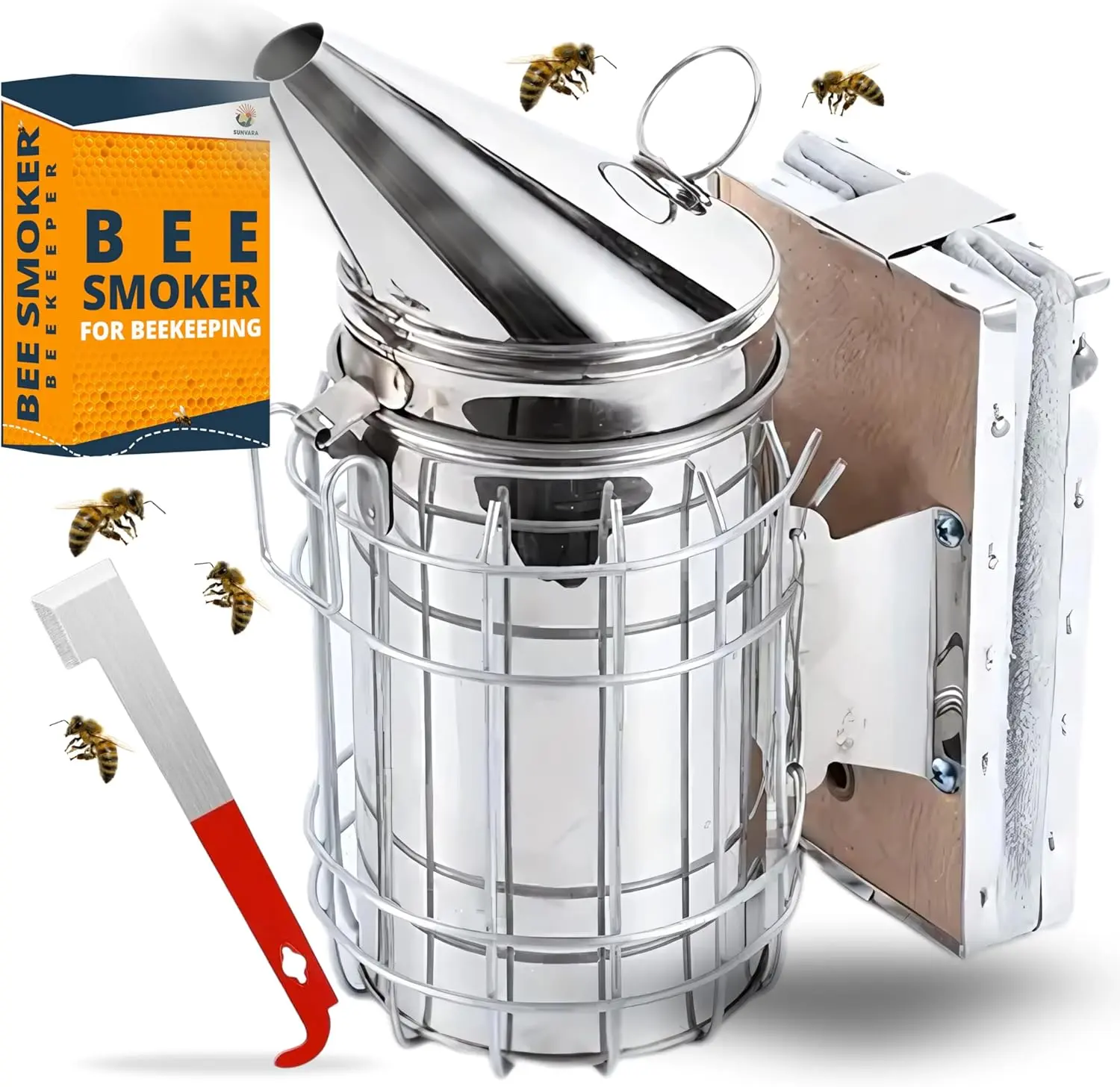 SunVara Bee Smoker, 11 in Stainless Steel Beekeeping Tool with Heat Shield, Easy-to-Use Labor-Saving Supplies for Beekeeping Enthusiasts’ Home & Garden Better Hive Control
