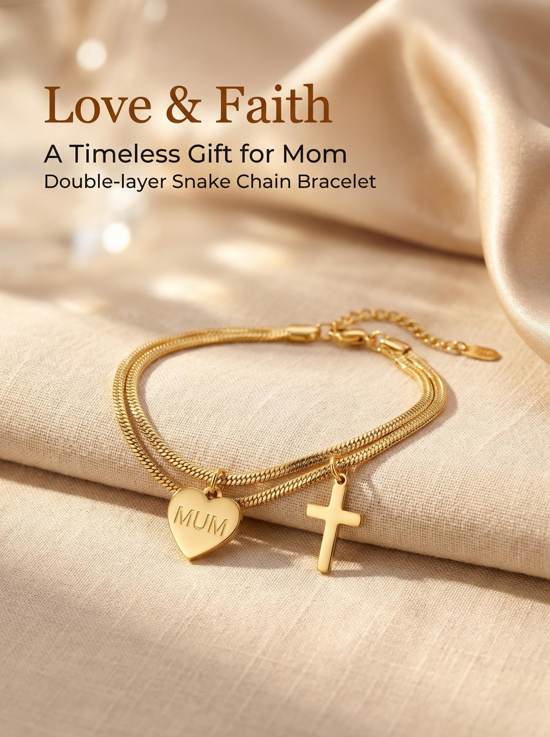 Mother's Day Gift - "MUM" Heart & Cross Snake Chain Bracelet for Women, 18K Gold/Silver Plated Stainless Steel Jewelry, Elegant Faith & Love Charm Bracelet for Mom, Grandma, Wife, Anniversary Gift with Gift Box