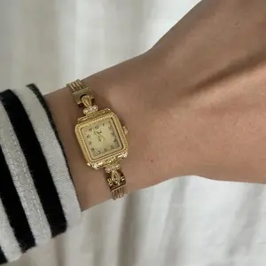 Women's Vintage Gold Minimalist Square Analog Quartz Watch - Waterproof Stainless Steel Metal Adjustable Band, with Gift Bag