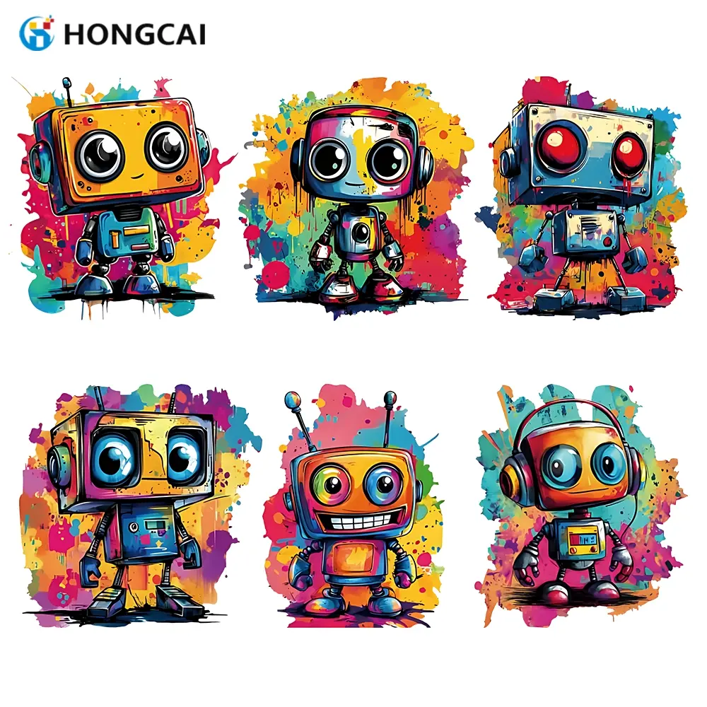 6-Piece Robot Pattern Heat Transfer Vinyl Set, High-Quality DIY Custom Stickers, DIY Craft Supplies for T-Shirts, Hoodies, Bags & Hats, Washable & Colorful Design, DIY Kit