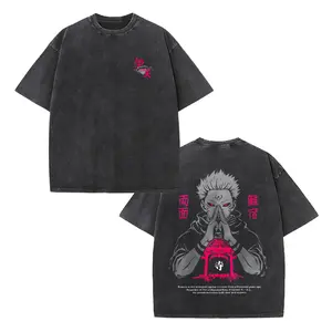 Oversized Retro Washed T-Shirt, Double-Sided Print with Jujutsu Kaisen Sukuna Ryomen, Pink Accent & Japanese Kanji Graphic, Unisex Casual Streetwear Tee for Men Women, Perfect for Outdoor & Daily Wear