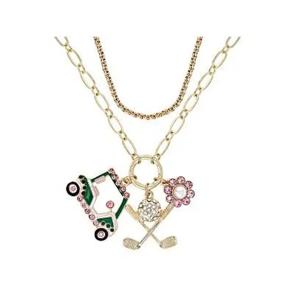 Jtv Golf Theme Multi-Row Necklace, Unisex Gold Tone Design with Multi-Color Enamel and Crystal Accents, Adjustable, Enamel Gems, Gold Tone Necklaces, Casual Wear