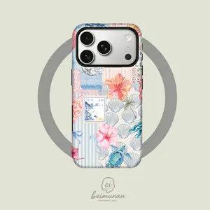 This durable 2-in-1 phone case features a cute blue and pink striped watercolor beach patchwork pattern. It's MagSafe compatible and works with iPhone 17/16/15/14/13/12/11 Pro Max/Plus/Pro/MINI and Samsung Galaxy S25/S24/S23/S22/S21. A simple and stylish