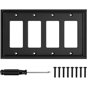 Black Modern Decorative Wall Plate Light  Cover Decorator Outlet Covers Rocker  Plates  Fiber Material Wall Plates for Kitchen Bathroom (4 Gang Quad Decorator-1 Pack)