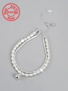 S925 Sterling Silver Fashion Baroque Style Faux Pearl Decorated Bracelet, Elegant Double Layer Bracelet for Women & Girls, Trendy All-match & Exquisite Jewelry for Birthday Gift