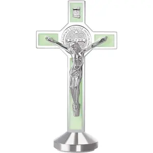 2 count 3 Inch Alloy Enamel Saint Benedict Standing Crucifix Luminous Glow in The Dark Crucifix Wall Cross with Sticker on bottom to stick on Table Top, or Home Alter