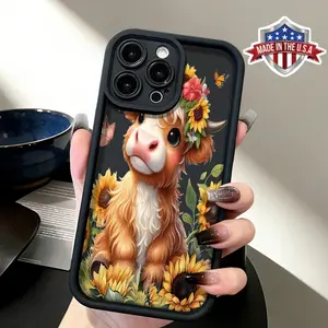 Cute Highland Cow Sunflower Floral Aesthetic Cartoon Design Case for iPhone 17 16 15 14 Pro Max 13 12 11 XR XS Plus Air Slim Shockproof Anti Drop Protective TPU Cover