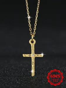 Women's S925 Silver Cross Necklace, Dainty Choker Necklace, Fashionable Vintage Pendant Chain Jewelry Gift for Women, Elegant Party Wear Accessory