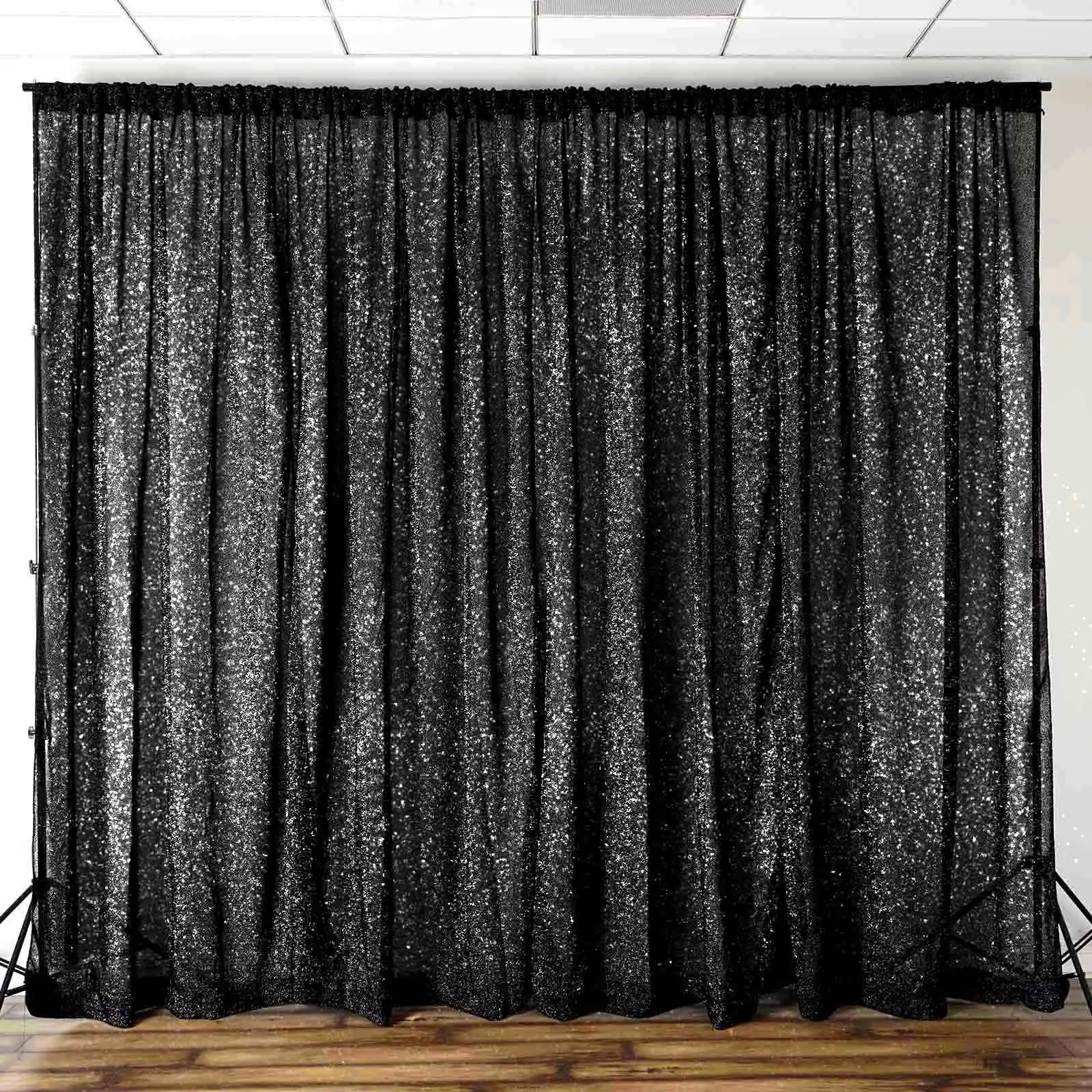 20x10 ft Black Metallic Shimmer Tinsel Event Curtain Drapes - 1-Piece Backdrop Linen, Event Decor for Photographers, One-Piece