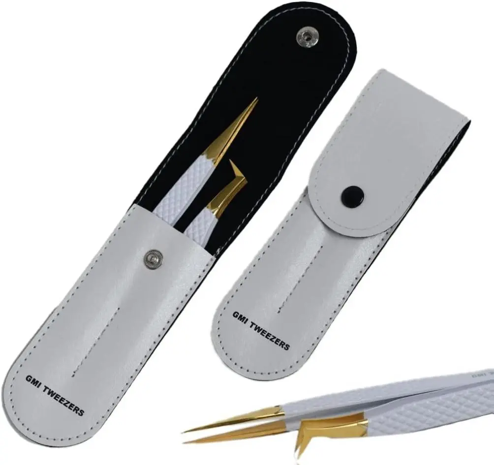 2pcs White Straight and L-Shaped (Boot) Gold Pointed Eyelash Tweezers for Lash Extension - Stainless Steel Precision Tweezers for Volume and Classic Lashes - False Eyelash Extension Kit.