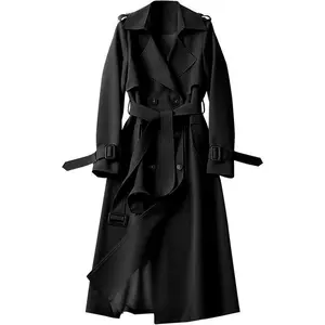 Women’s Oversized Long Trench Coat, Double-Breasted, Notched Lapels, Belted, Classic Elegant, Windproof Outerwear for Autumn