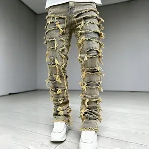 Men's Patchwork Destroyed Denim Pants, Vintage Brown Stacked Jeans with Raw Frayed Hem, Punk Hip Hop Streetwear Skinny Jeans