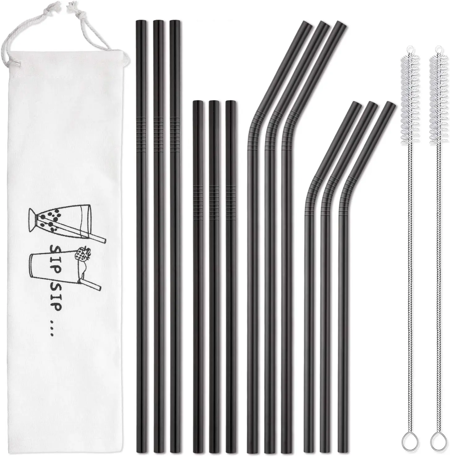12-Pack Black Stainless Steel Straws Reusable with Case - Metal Drinking Straws for 30oz and 20oz Tumblers Dishwasher Safe, 2 Cleaning Brushes Included