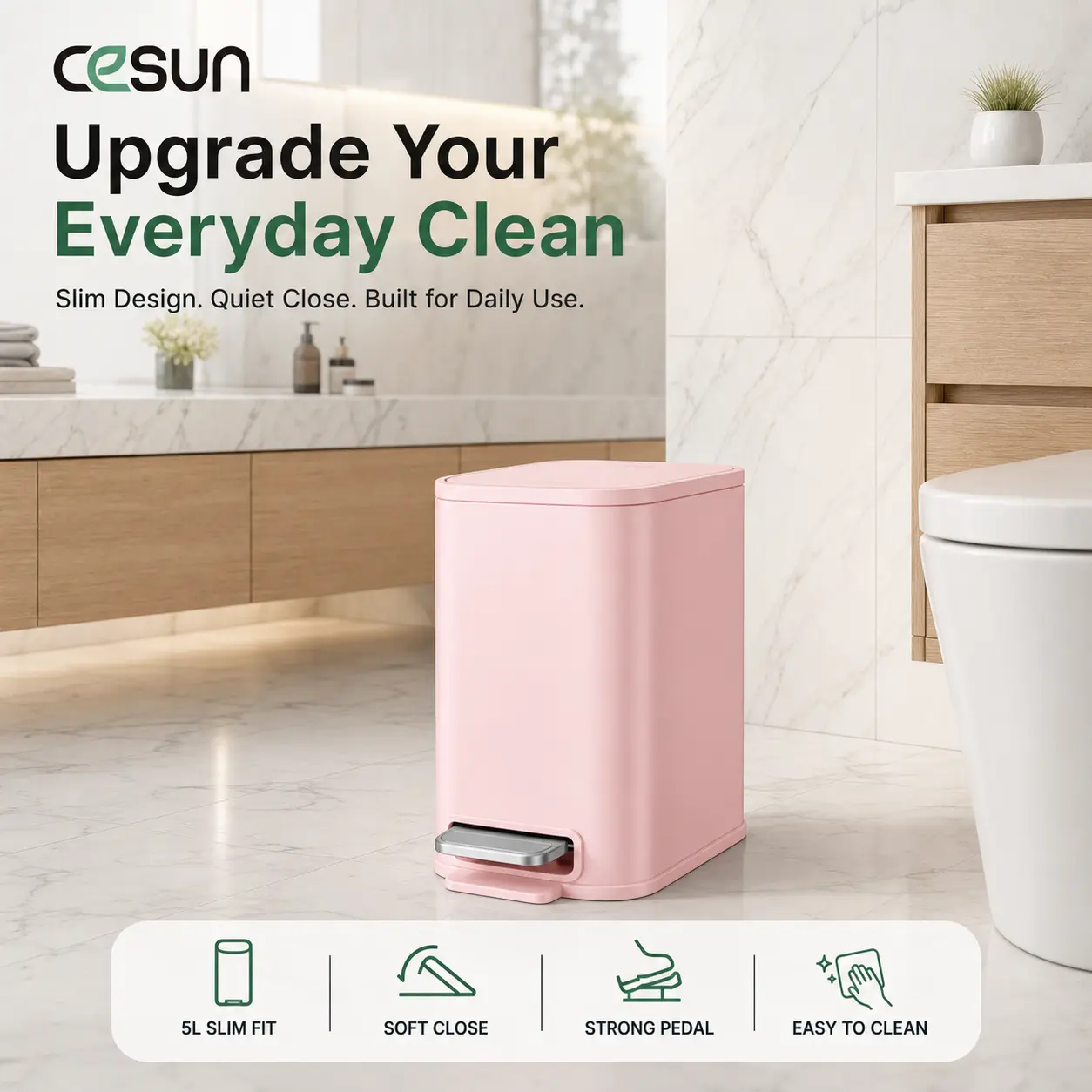 Cesun Modern 5L/1.3 Gal Stainless Steel Bathroom Trash Can - Soft-Close Lid, Step Pedal, Removable Inner Bucket, Bathroom Accessory,Pink