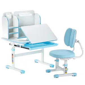 VEVOR Kids Study Chair and Desk Set, Study Desk and Chair for Kids with Bookshelf & Storage Drawer, Adjustable Height & 0-40° Tilted Desktop Desk and Chair, Study Table for Bedroom & Study Room, Blue