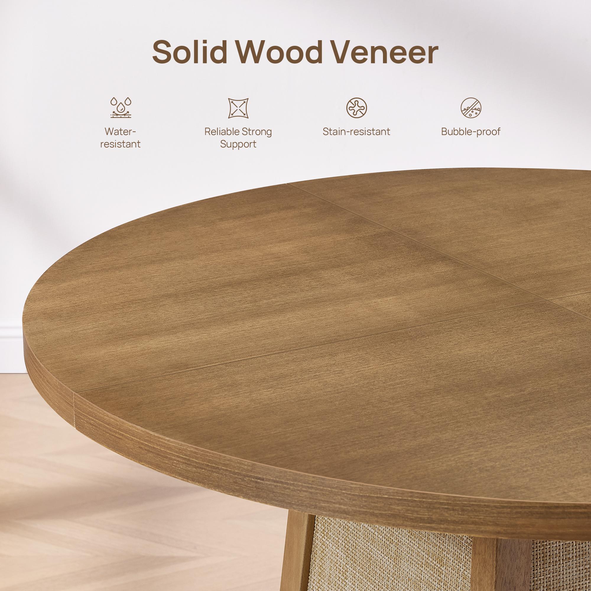 SICOATS Farmhouse Dining Table Set, 5-Piece Round Kitchen Table for 4 with Rattan Detail & Upholstered Chairs, 47 Inch Solid Wood Dining Set in Oak, Modern Cottage Style