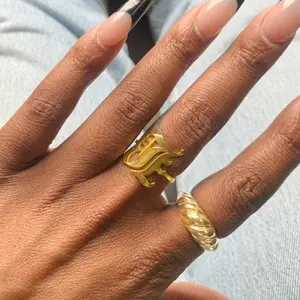 New Initial Letter Rings For Women Open Adjustable Stainless Steel Gold Color Ring Gothic Old English Alphabet Jewelry Gifts