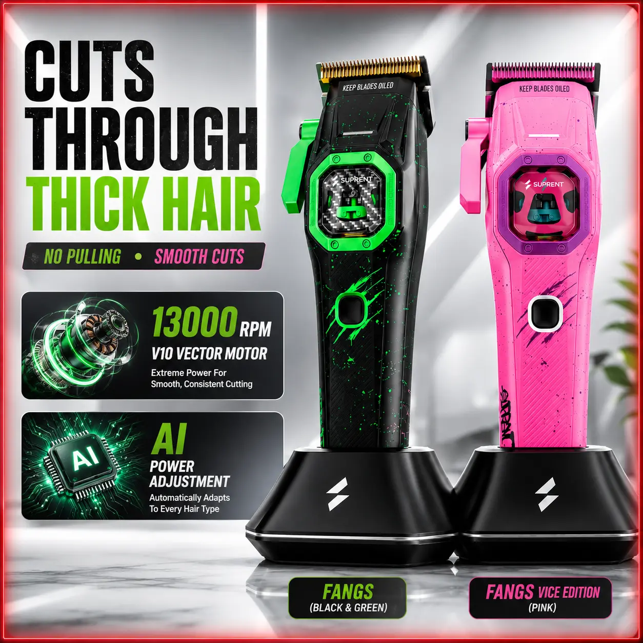Suprent FANGS Vector Clipper - 13000 RPM AI Controlled Motor, Unique U-Shape Blade, Dual Mode Lever, LED Light, Smooth Lightweight Professional Barber Equipment for Barbers, Home Haircut Mens Gift, Mens Gifts