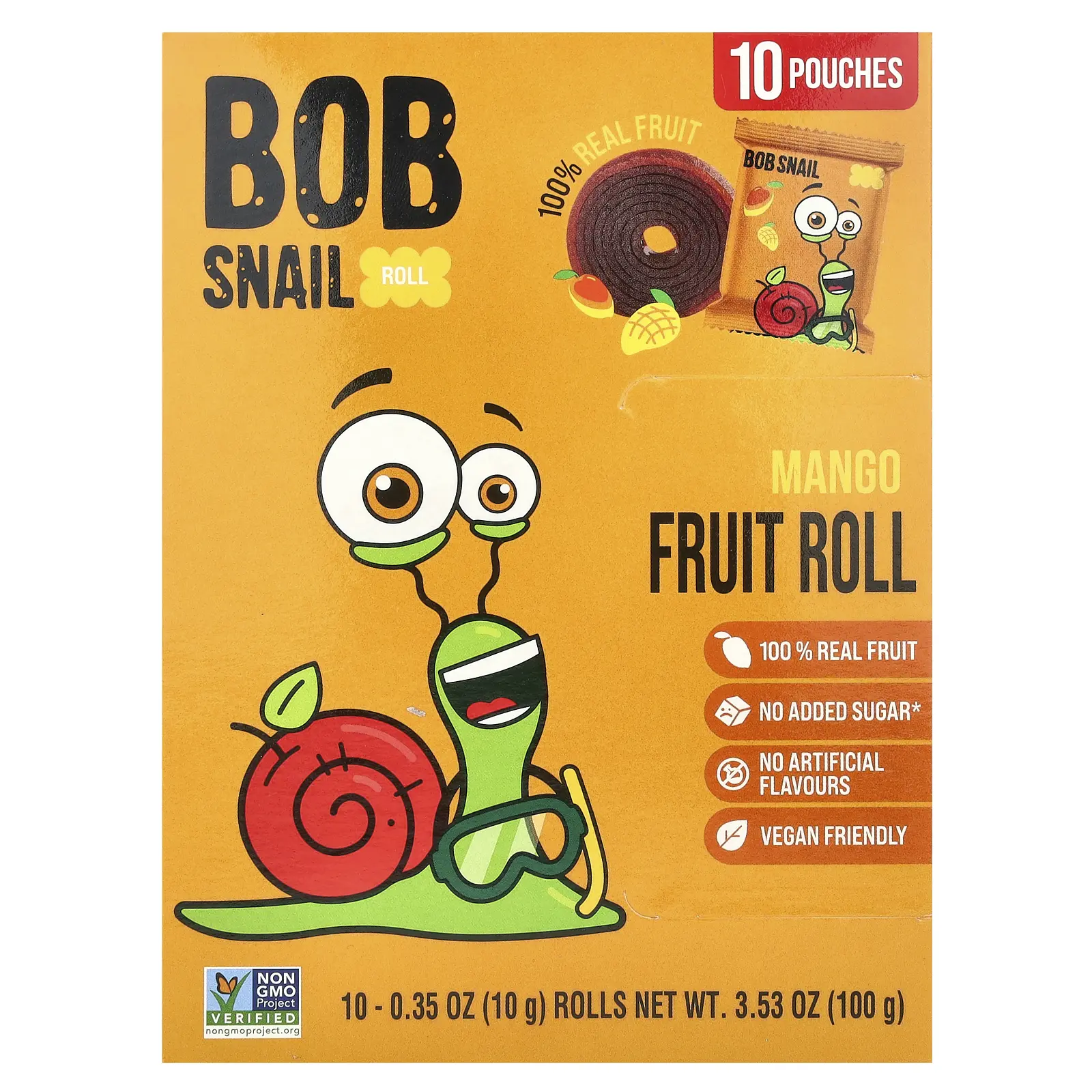 Bob Snail Fruit Roll, Mango, 10 Pouches, 0.35 oz (10 g) Each