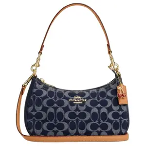 COACH Teri 24 Printed Logo Crossbody Bag for Women, Denim Blue Fabric and Faux Leather