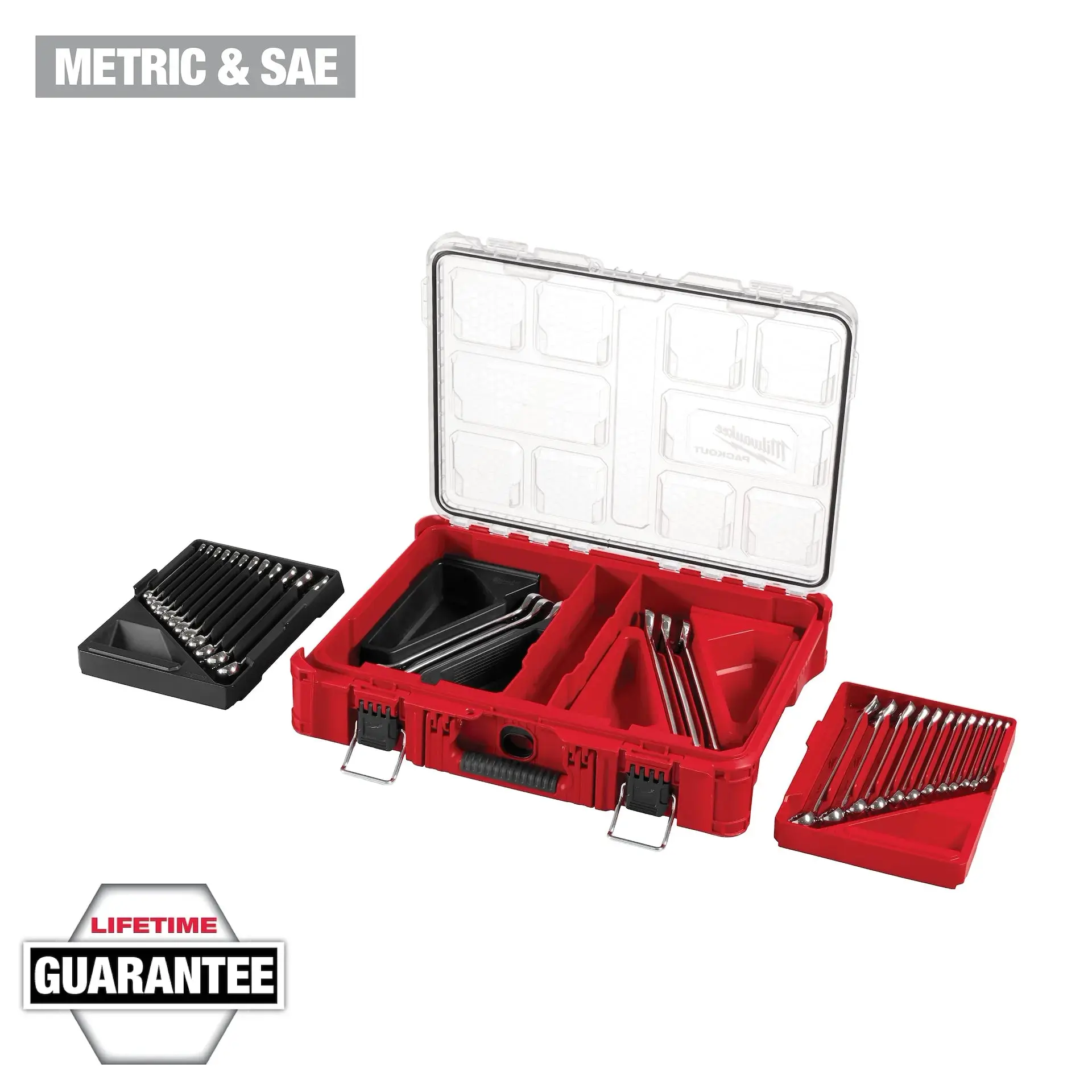 Milwaukee 48-22-9485 30pc Metric & SAE Wrench Set with PACKOUT™ Organizer, 25% More Torque, I-Beam Handle Design, Impact-Resistant Materials, IP65-Rated, Max Bite Open-End Grip, Versatile Durable Modular Storage