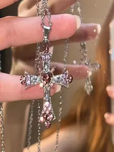 Whimsigoth Dream: Vintage Y2K Pink & Purple Crystal Cross Necklace