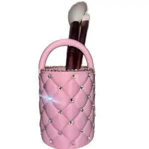 Cute Cushion Themed Pen Makeup Brush Holder with Rhinestone Accents and Quilted Design for Beauty Essentials