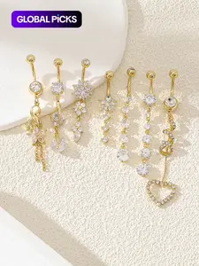 Women's Elegant Rhinestone & Flower & Heart Decor Belly Rings, Exquisite Trendy Belly Piercing Jewelry, Chic Body Jewelry for Party & Daily Decor, Sparkling Zircon Inlay, Artificial Zircon, Gems For Piercings